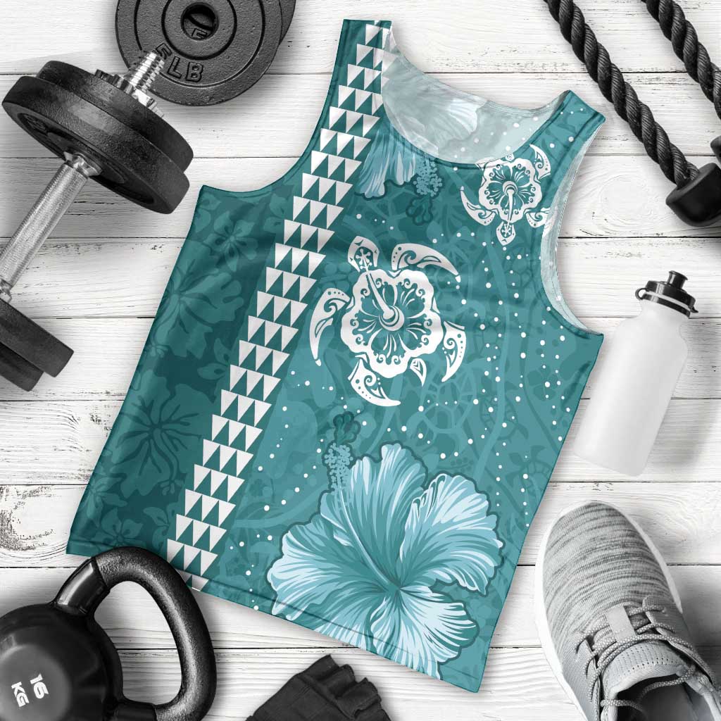 Teal Hibiscus Turle Men Tank Top Hawaiian Style Tribal Tapa Pattern LT9 - Polynesian Pride