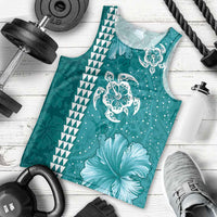Teal Hibiscus Turle Men Tank Top Hawaiian Style Tribal Tapa Pattern LT9 - Polynesian Pride