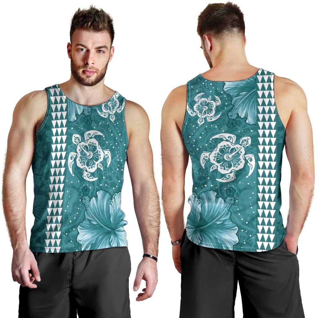 Teal Hibiscus Turle Men Tank Top Hawaiian Style Tribal Tapa Pattern LT9 - Polynesian Pride