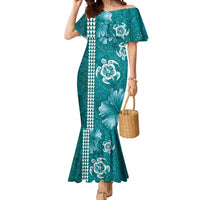 Teal Hibiscus Turle Mermaid Dress Hawaiian Style Tribal Tapa Pattern LT9 Women Teal - Polynesian Pride