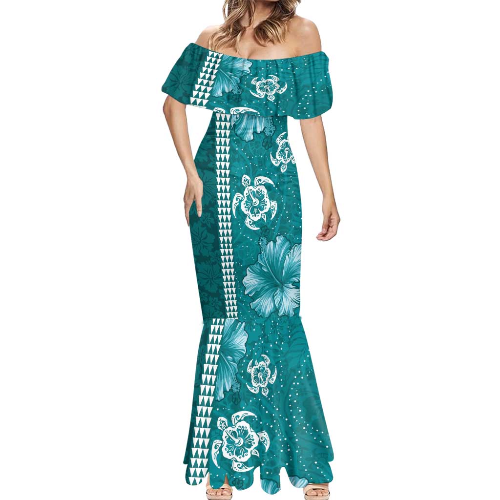 Teal Hibiscus Turle Mermaid Dress Hawaiian Style Tribal Tapa Pattern LT9 - Polynesian Pride