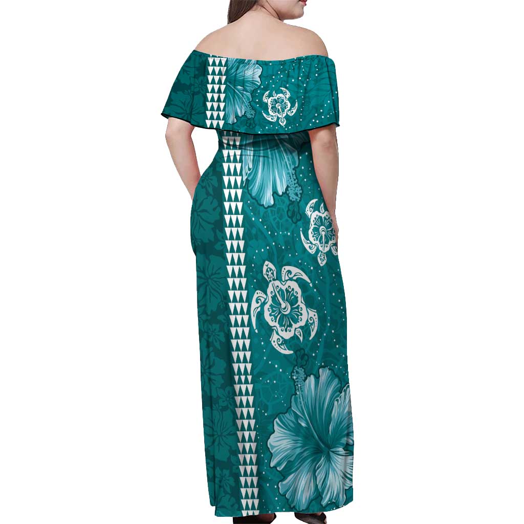Teal Hibiscus Turle Off Shoulder Maxi Dress Hawaiian Style Tribal Tapa Pattern LT9 - Polynesian Pride