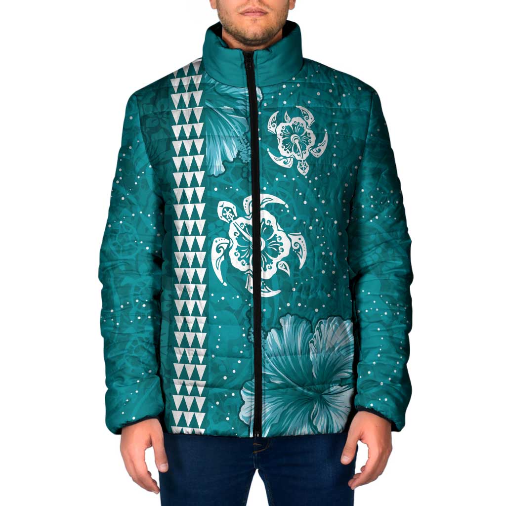 Teal Hibiscus Turle Padded Jacket Hawaiian Style Tribal Tapa Pattern LT9 Men Teal - Polynesian Pride