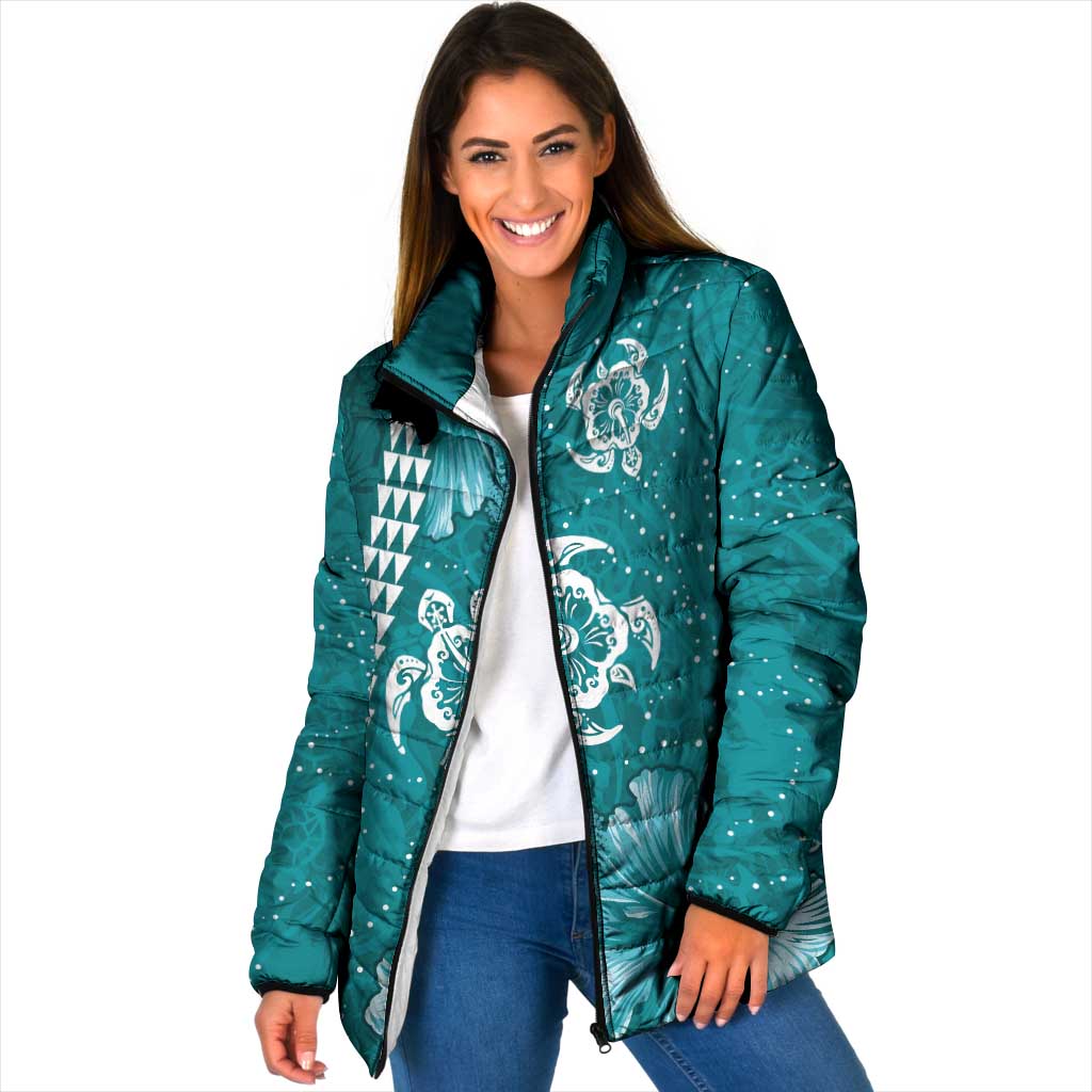 Teal Hibiscus Turle Padded Jacket Hawaiian Style Tribal Tapa Pattern LT9 Women Teal - Polynesian Pride