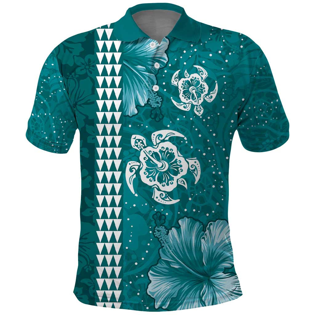 Teal Hibiscus Turle Polo Shirt Hawaiian Style Tribal Tapa Pattern LT9 Teal - Polynesian Pride