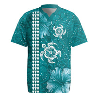 Teal Hibiscus Turle Rugby Jersey Hawaiian Style Tribal Tapa Pattern LT9 Teal - Polynesian Pride