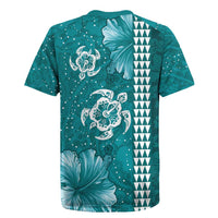Teal Hibiscus Turle Rugby Jersey Hawaiian Style Tribal Tapa Pattern LT9 - Polynesian Pride