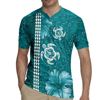 Teal Hibiscus Turle Rugby Jersey Hawaiian Style Tribal Tapa Pattern LT9 - Polynesian Pride