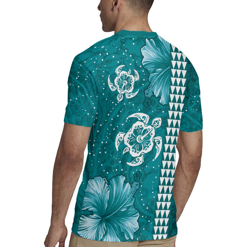 Teal Hibiscus Turle Rugby Jersey Hawaiian Style Tribal Tapa Pattern LT9 - Polynesian Pride