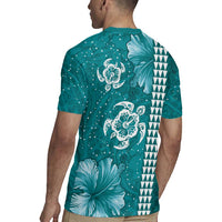Teal Hibiscus Turle Rugby Jersey Hawaiian Style Tribal Tapa Pattern LT9 - Polynesian Pride
