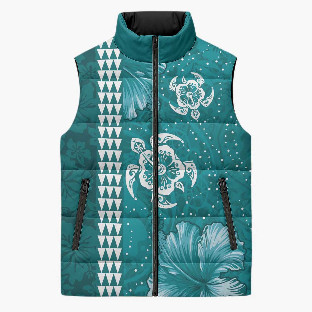 Teal Hibiscus Turle Sleeveless Puffer Jacket Hawaiian Style Tribal Tapa Pattern LT9 Unisex Teal - Polynesian Pride