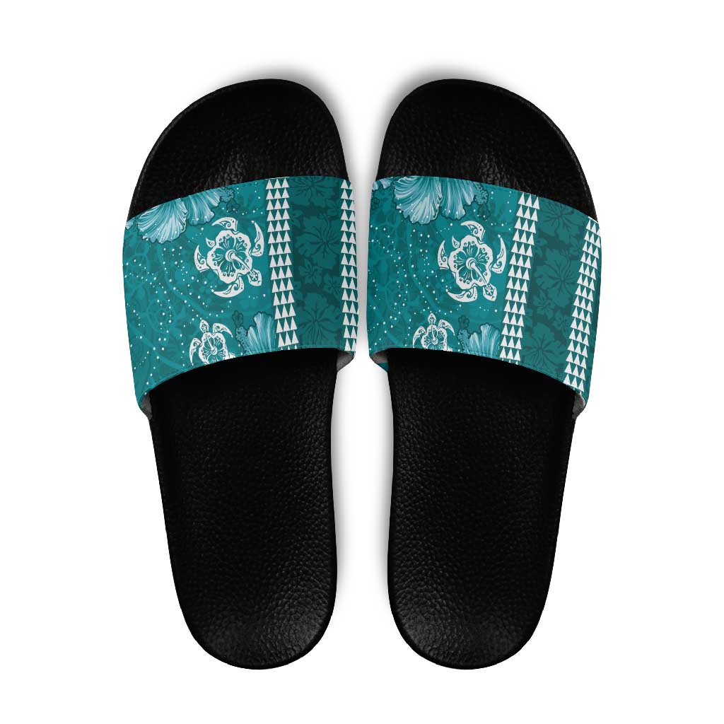 Teal Hibiscus Turle Slide Sandals Hawaiian Style Tribal Tapa Pattern LT9 Teal - Polynesian Pride