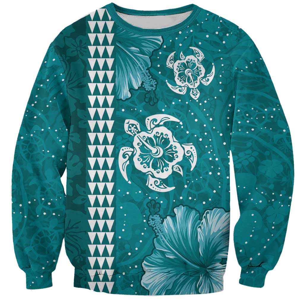 Teal Hibiscus Turle Sweatshirt Hawaiian Style Tribal Tapa Pattern LT9 Unisex Teal - Polynesian Pride