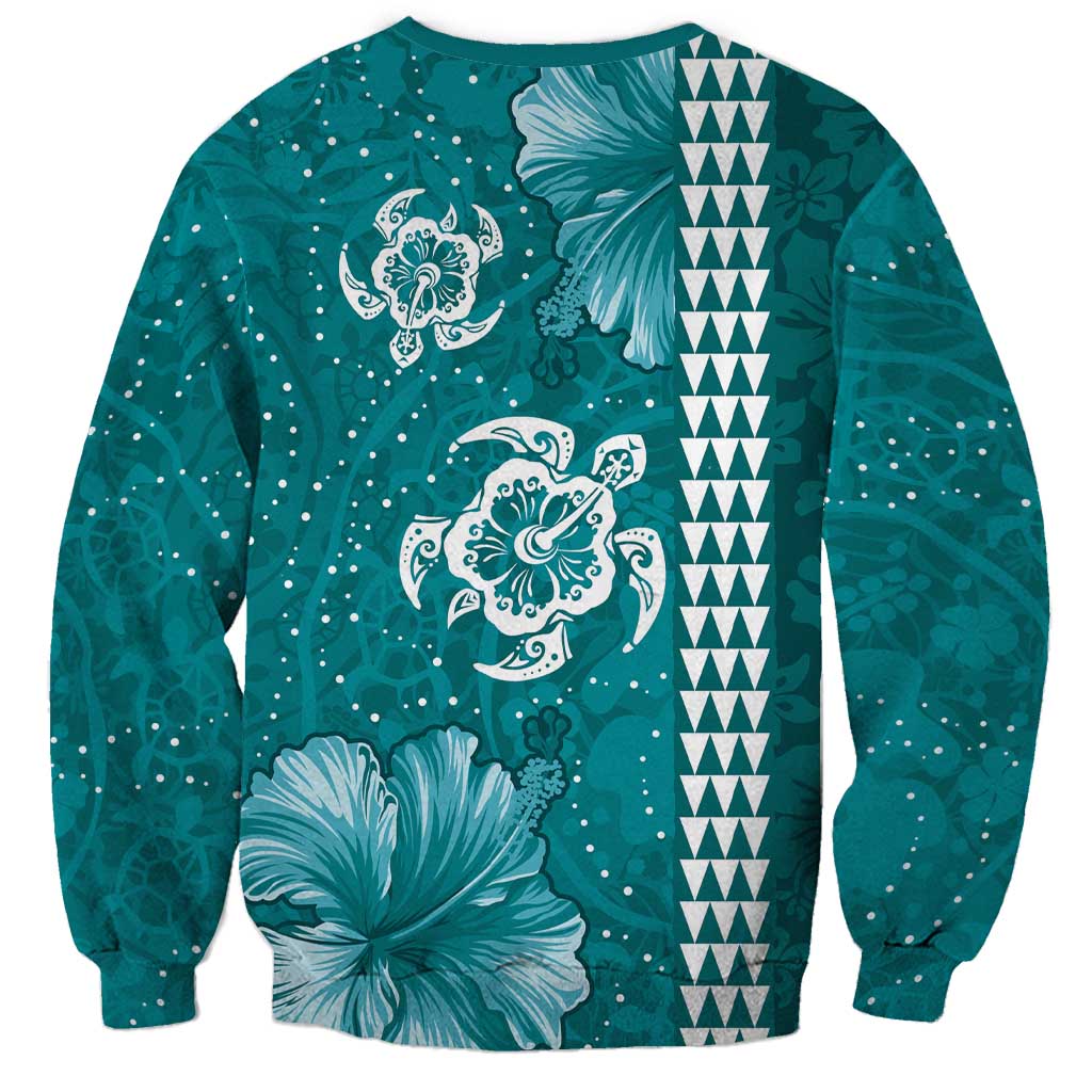 Teal Hibiscus Turle Sweatshirt Hawaiian Style Tribal Tapa Pattern LT9 - Polynesian Pride