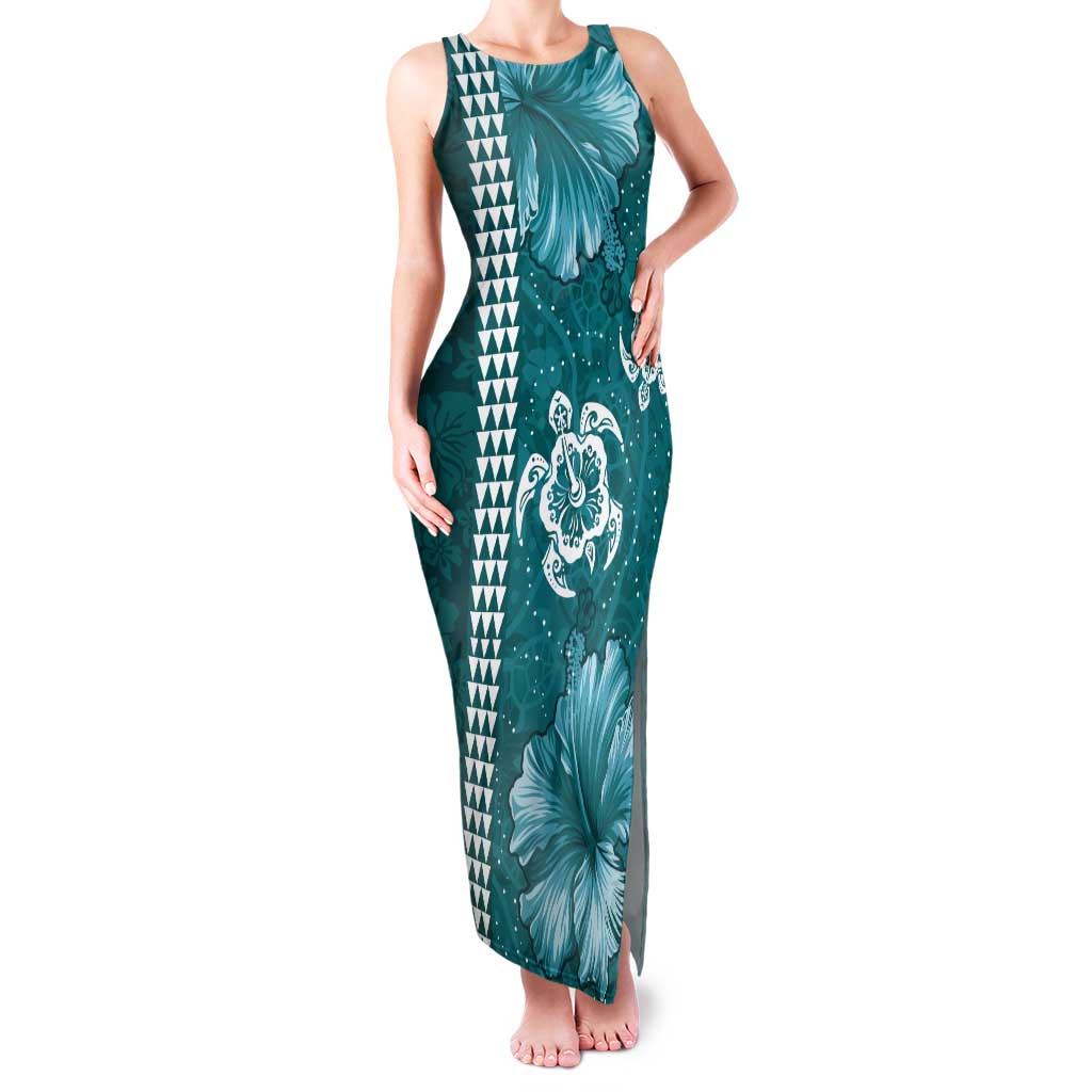 Teal Hibiscus Turle Tank Maxi Dress Hawaiian Style Tribal Tapa Pattern LT9 Women Teal - Polynesian Pride