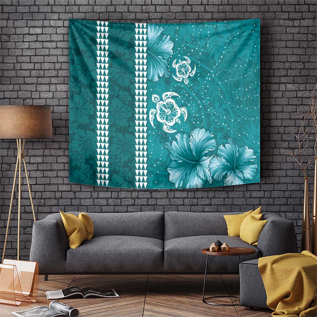 Teal Hibiscus Turle Tapestry Hawaiian Style Tribal Tapa Pattern LT9 Teal - Polynesian Pride