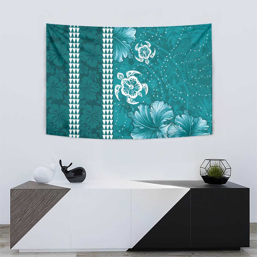 Teal Hibiscus Turle Tapestry Hawaiian Style Tribal Tapa Pattern LT9 - Polynesian Pride