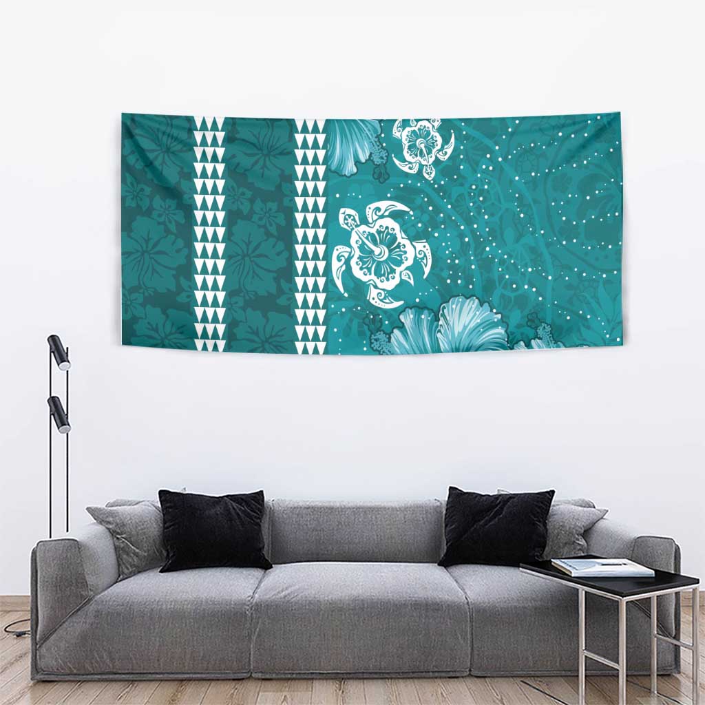 Teal Hibiscus Turle Tapestry Hawaiian Style Tribal Tapa Pattern LT9 - Polynesian Pride