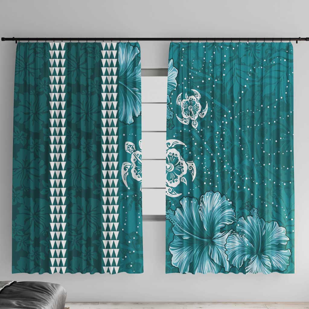 Teal Hibiscus Turle Window Curtain Hawaiian Style Tribal Tapa Pattern LT9 With Hooks Teal - Polynesian Pride