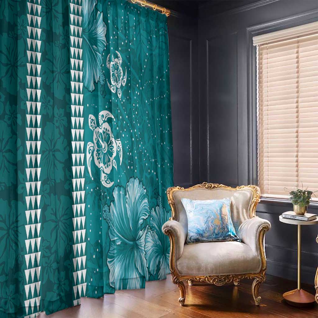 Teal Hibiscus Turle Window Curtain Hawaiian Style Tribal Tapa Pattern LT9 - Polynesian Pride