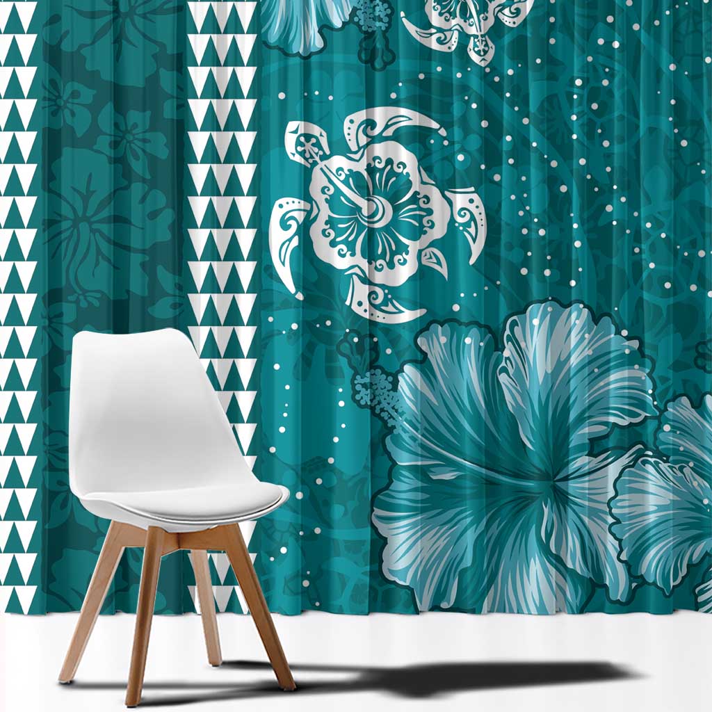 Teal Hibiscus Turle Window Curtain Hawaiian Style Tribal Tapa Pattern LT9 - Polynesian Pride
