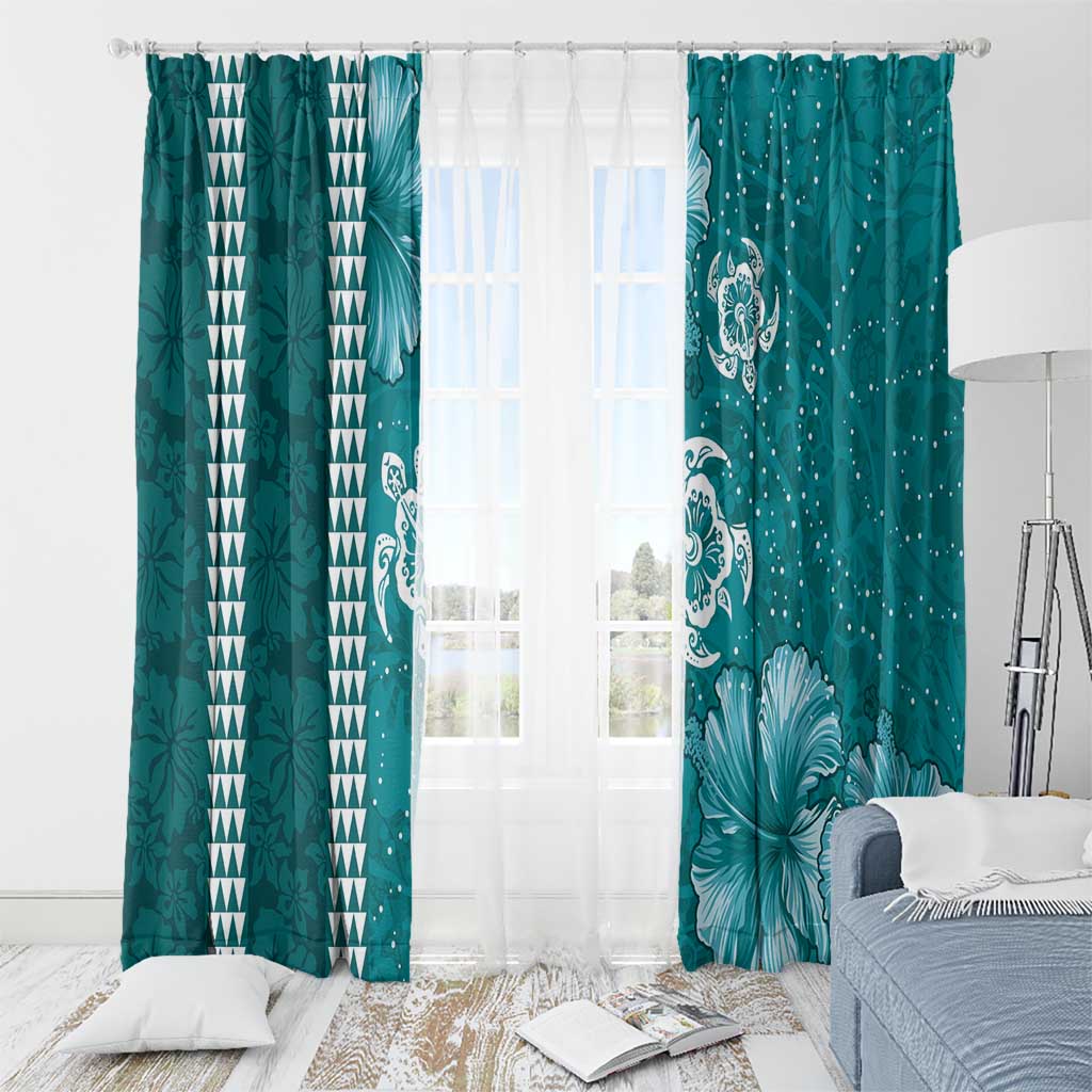 Teal Hibiscus Turle Window Curtain Hawaiian Style Tribal Tapa Pattern LT9 - Polynesian Pride