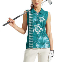 Teal Hibiscus Turle Women Sleeveless Polo Shirt Hawaiian Style Tribal Tapa Pattern LT9 - Polynesian Pride