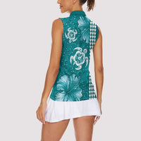 Teal Hibiscus Turle Women Sleeveless Polo Shirt Hawaiian Style Tribal Tapa Pattern LT9 - Polynesian Pride