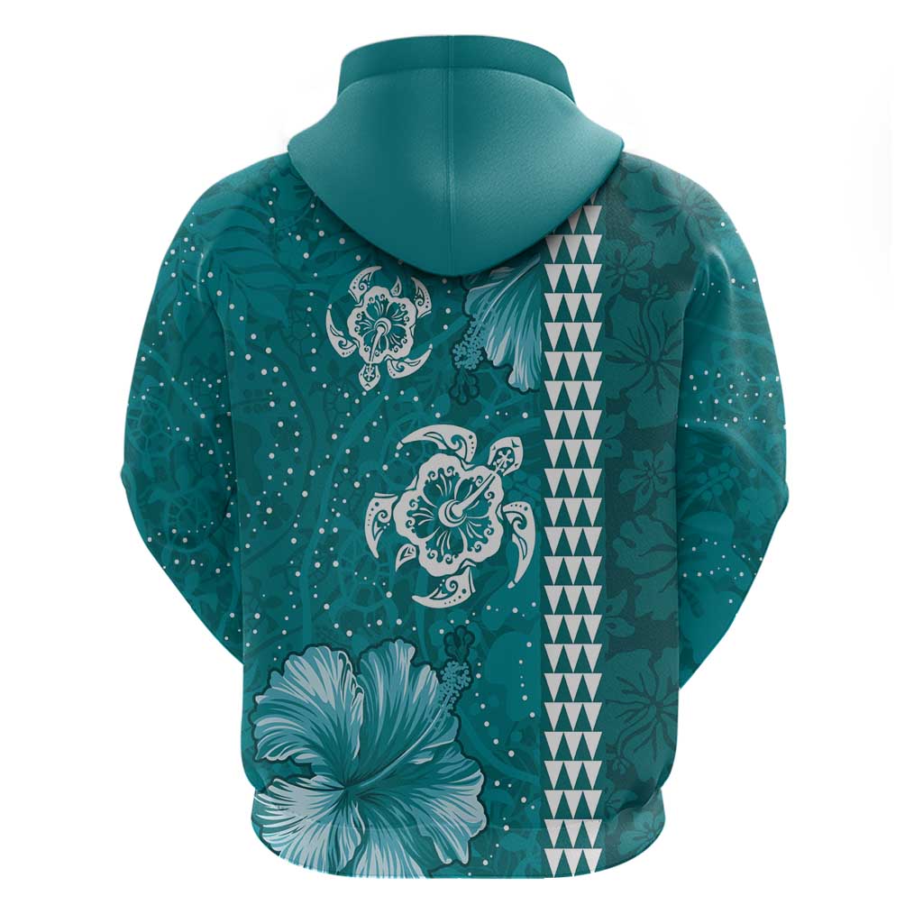 Teal Hibiscus Turle Zip Hoodie Hawaiian Style Tribal Tapa Pattern LT9 - Polynesian Pride