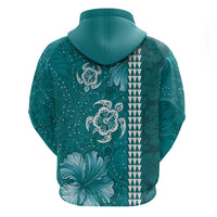 Teal Hibiscus Turle Zip Hoodie Hawaiian Style Tribal Tapa Pattern LT9 - Polynesian Pride