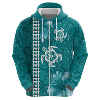 Teal Hibiscus Turle Zip Hoodie Hawaiian Style Tribal Tapa Pattern LT9 - Polynesian Pride