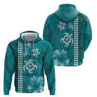 Teal Hibiscus Turle Zip Hoodie Hawaiian Style Tribal Tapa Pattern LT9 - Polynesian Pride