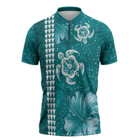Teal Hibiscus Turle Zipper Polo Shirt Hawaiian Style Tribal Tapa Pattern LT9 Teal - Polynesian Pride