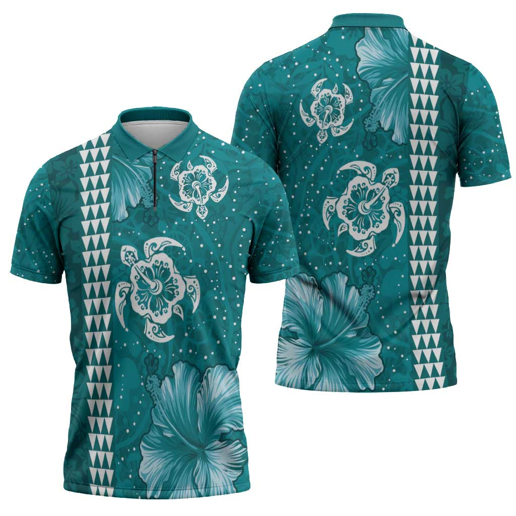 Teal Hibiscus Turle Zipper Polo Shirt Hawaiian Style Tribal Tapa Pattern LT9 - Polynesian Pride