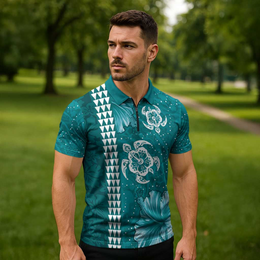 Teal Hibiscus Turle Zipper Polo Shirt Hawaiian Style Tribal Tapa Pattern LT9 - Polynesian Pride