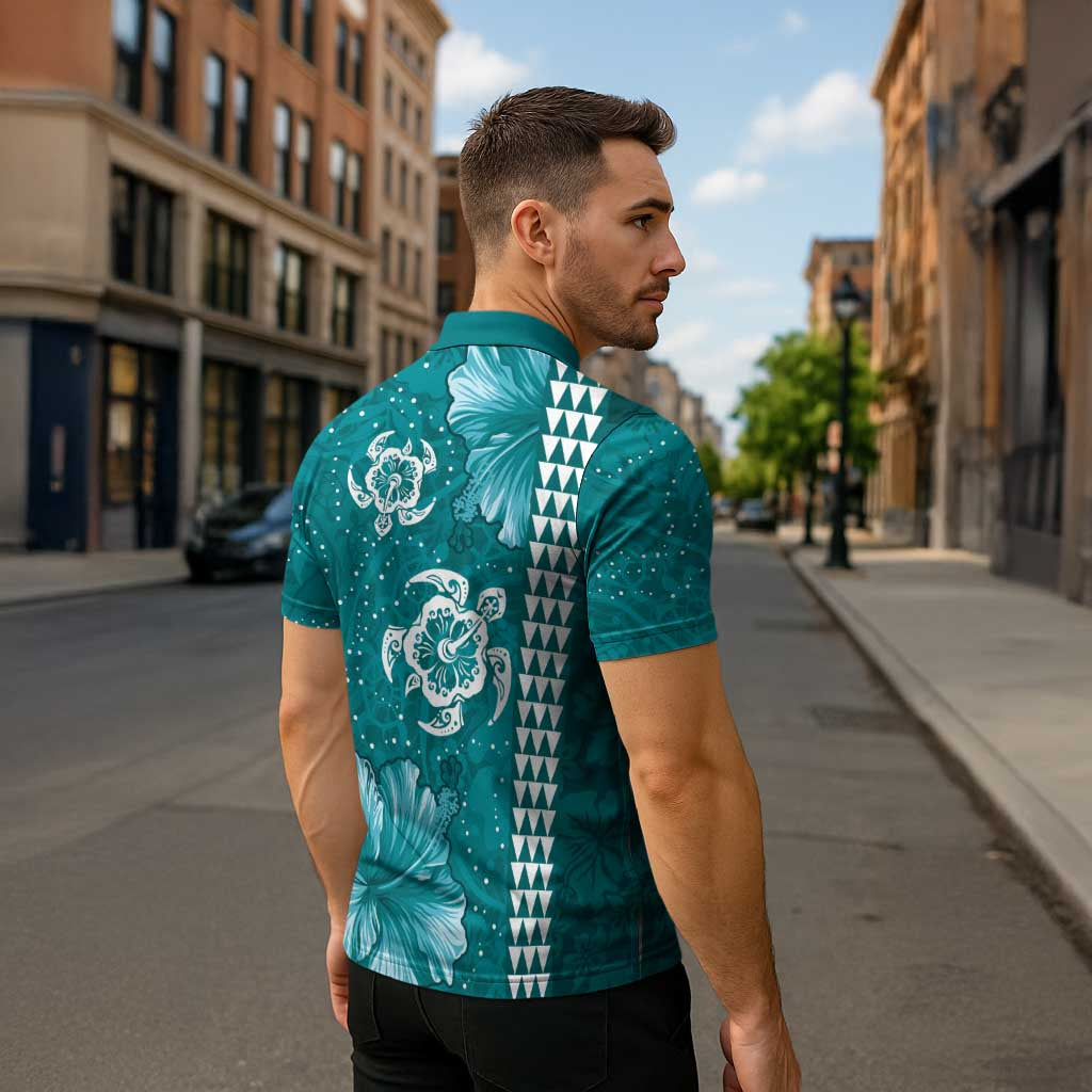 Teal Hibiscus Turle Zipper Polo Shirt Hawaiian Style Tribal Tapa Pattern LT9 - Polynesian Pride