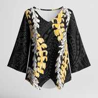 Puakenikeni and Maile Lei Kimono Sleeve Blouse Black Double Strand Lei LT9 Female Black - Polynesian Pride