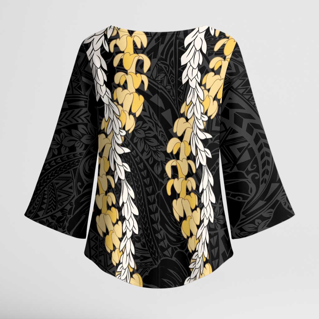 Puakenikeni and Maile Lei Kimono Sleeve Blouse Black Double Strand Lei LT9 - Polynesian Pride