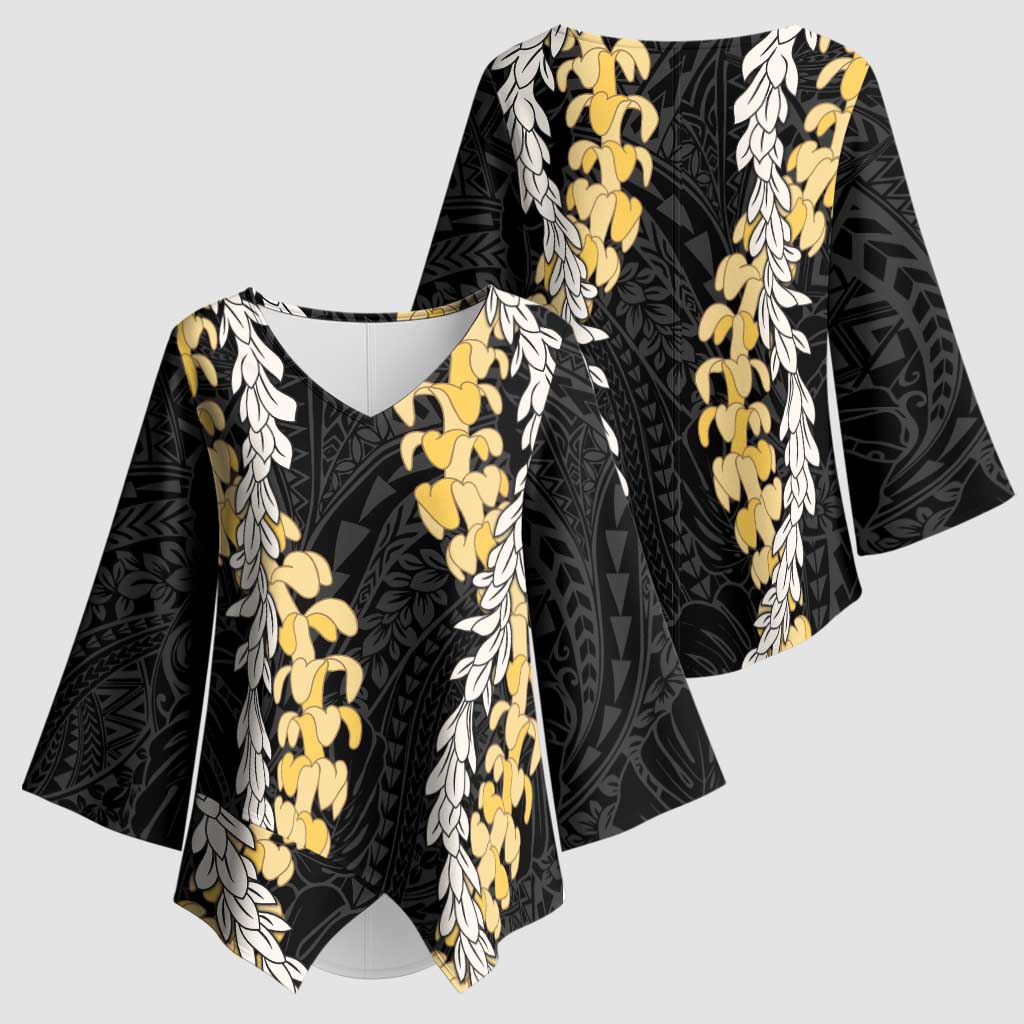 Puakenikeni and Maile Lei Kimono Sleeve Blouse Black Double Strand Lei LT9 - Polynesian Pride