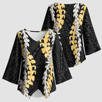 Puakenikeni and Maile Lei Kimono Sleeve Blouse Black Double Strand Lei LT9 - Polynesian Pride