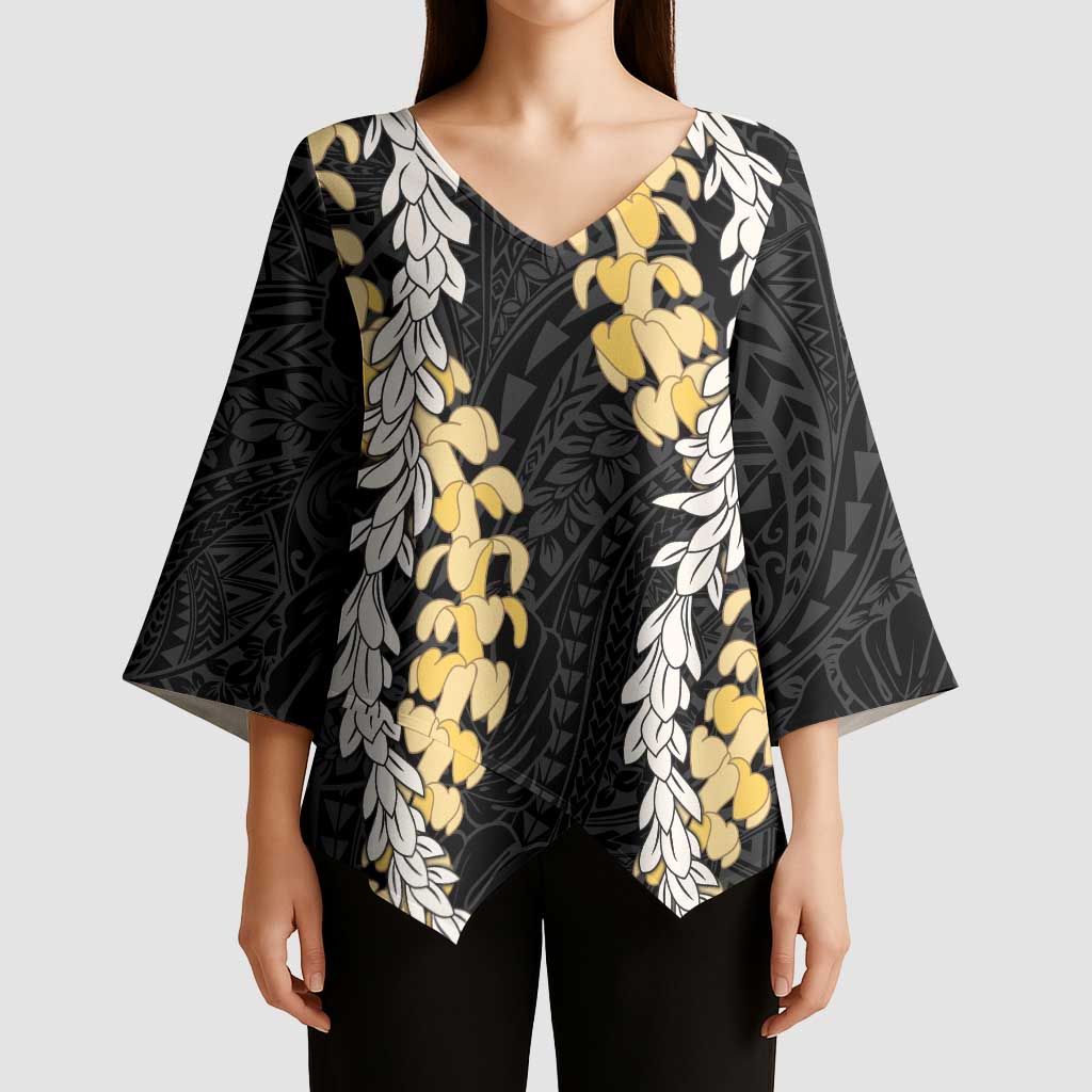 Puakenikeni and Maile Lei Kimono Sleeve Blouse Black Double Strand Lei LT9 - Polynesian Pride