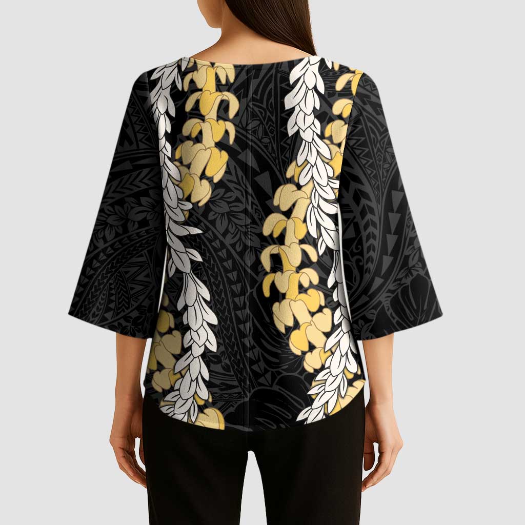 Puakenikeni and Maile Lei Kimono Sleeve Blouse Black Double Strand Lei LT9 - Polynesian Pride