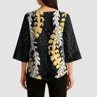 Puakenikeni and Maile Lei Kimono Sleeve Blouse Black Double Strand Lei LT9 - Polynesian Pride