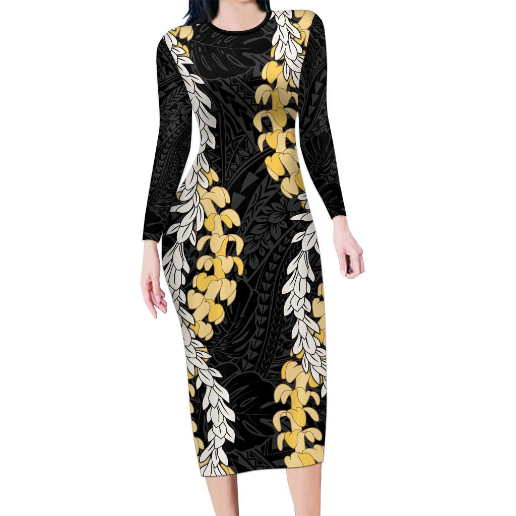 Puakenikeni and Maile Lei Long Sleeve Bodycon Dress Black Double Strand Lei LT9 Long Dress Black - Polynesian Pride
