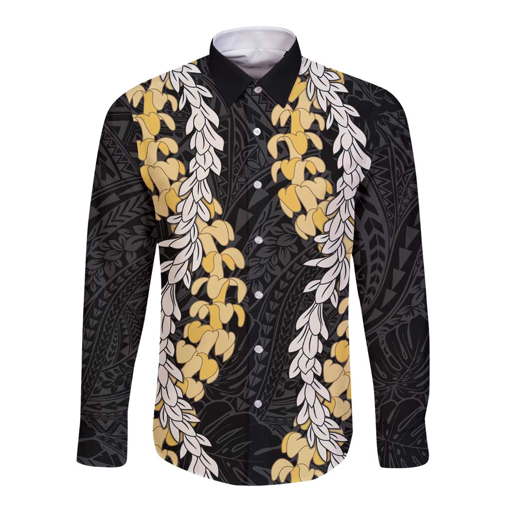 Puakenikeni and Maile Lei Long Sleeve Button Shirt Black Double Strand Lei LT9 Unisex Black - Polynesian Pride