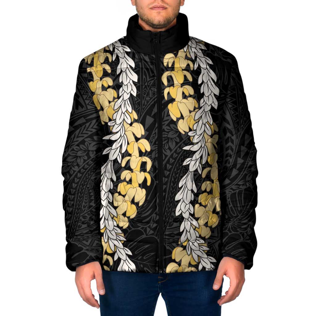 Puakenikeni and Maile Lei Padded Jacket Black Double Strand Lei LT9 Men Black - Polynesian Pride
