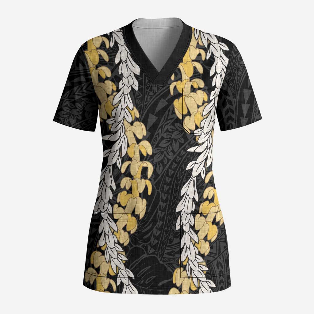 Puakenikeni and Maile Lei Scrub Top Black Double Strand Lei LT9 Adult Black - Polynesian Pride