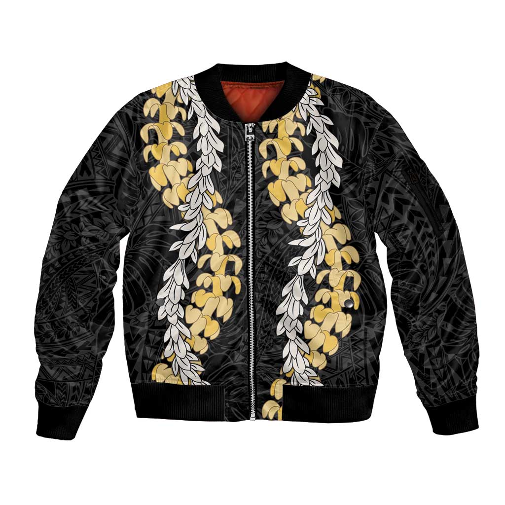Puakenikeni and Maile Lei Sleeve Zip Bomber Jacket Black Double Strand Lei LT9 Unisex Black - Polynesian Pride