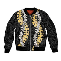 Puakenikeni and Maile Lei Sleeve Zip Bomber Jacket Black Double Strand Lei LT9 Unisex Black - Polynesian Pride