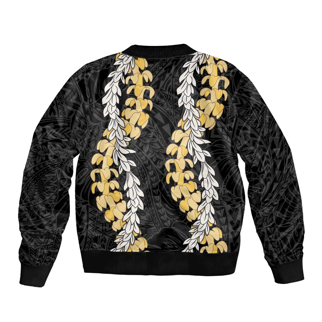 Puakenikeni and Maile Lei Sleeve Zip Bomber Jacket Black Double Strand Lei LT9 - Polynesian Pride